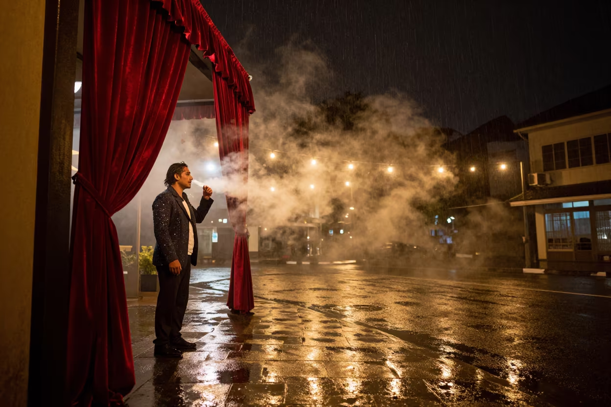 Cabaret Singer Under Rainy Night String Lights in at a street corner busking spot in Tawau