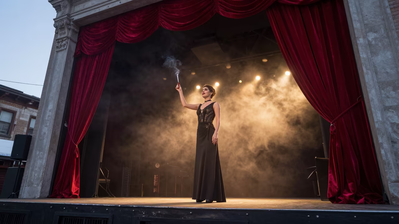 Cabaret Singer in Red Velvet and Winter Light in on a dimly lit stage in Montreal
