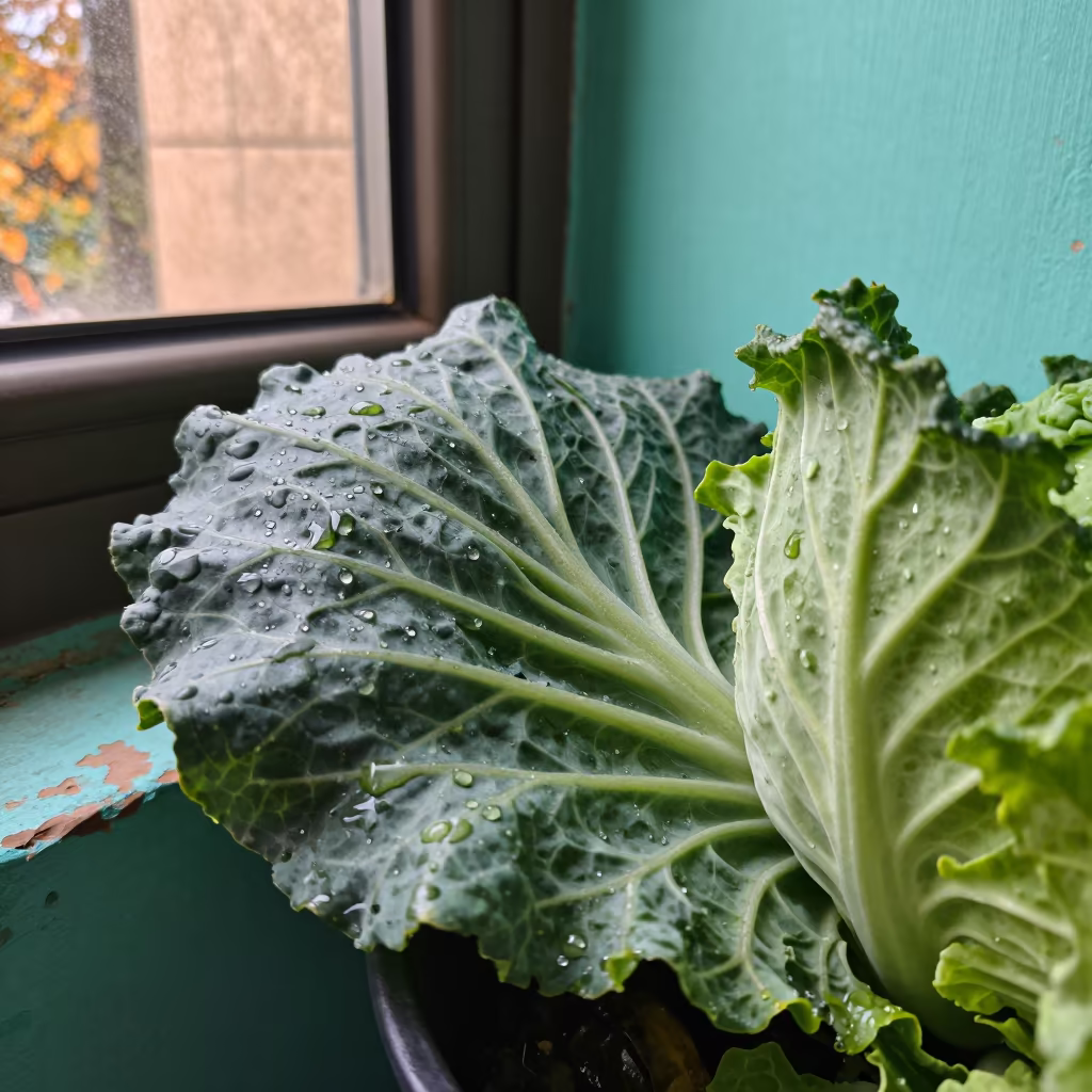 Cabbage Leaf Droplets in Copper Light in against weathered turquoise paint in Shimla