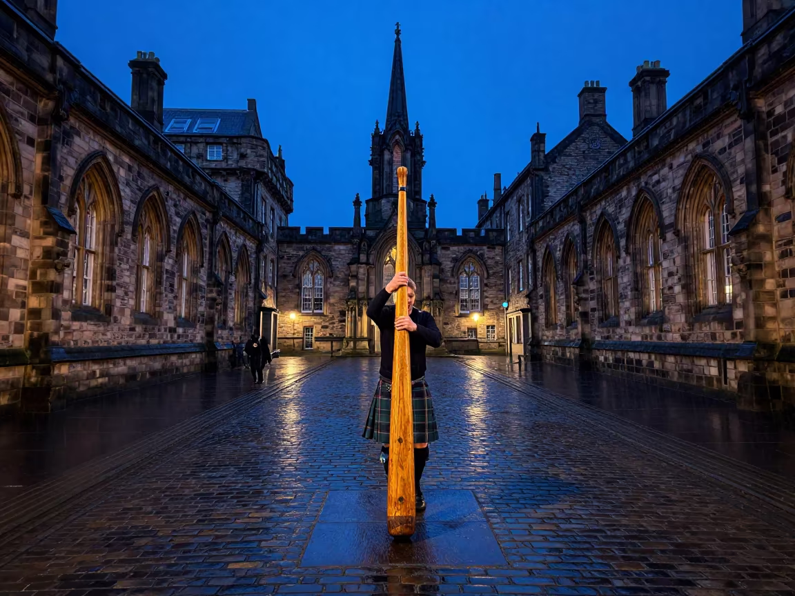 Caber Toss in Dean Village Twilight in in a temple courtyard in Dean Village, Edinburgh