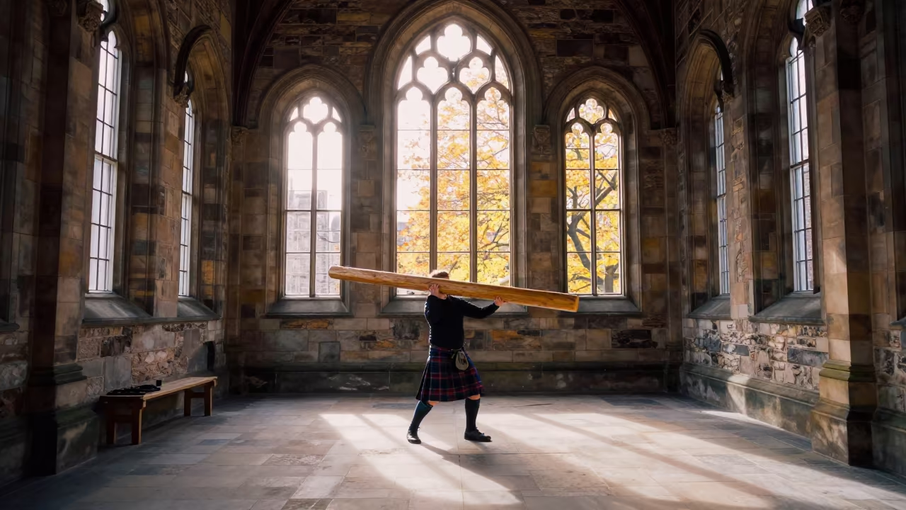 Caber Toss in Edinburgh Prayer Hall Autumn in in a prayer hall in Royal Mile, Edinburgh