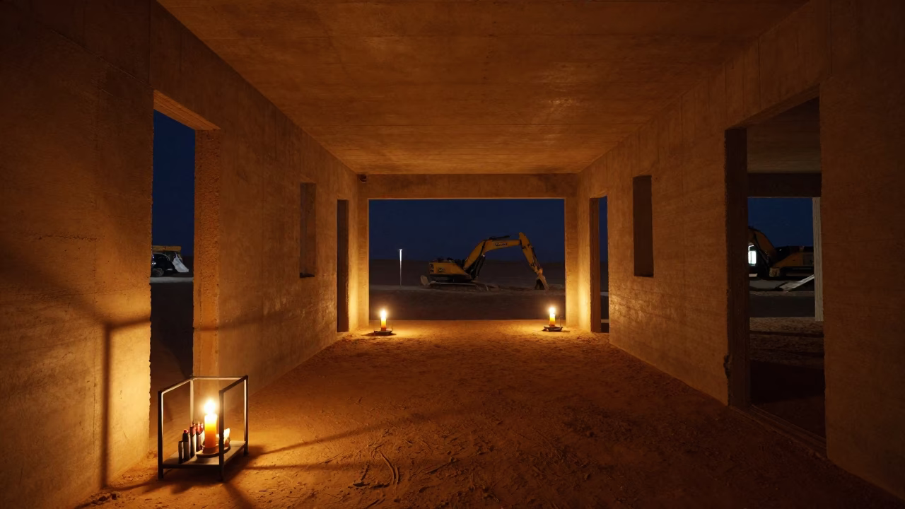 Cabinet Marker Stand in Desert Lobby Night in inside a half-built lobby in the Gobi Desert