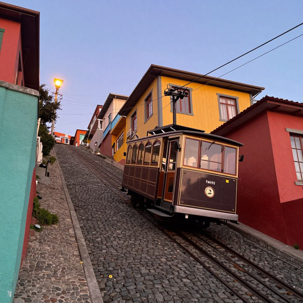 Cable Car Ascending Colorful Valparaiso Hillside in Early Evening Chile in in Valparaiso, Chile