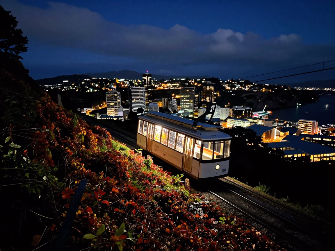 Cable Car Ascending Hill at Midnight Light in Wellington in in Wellington, New Zealand