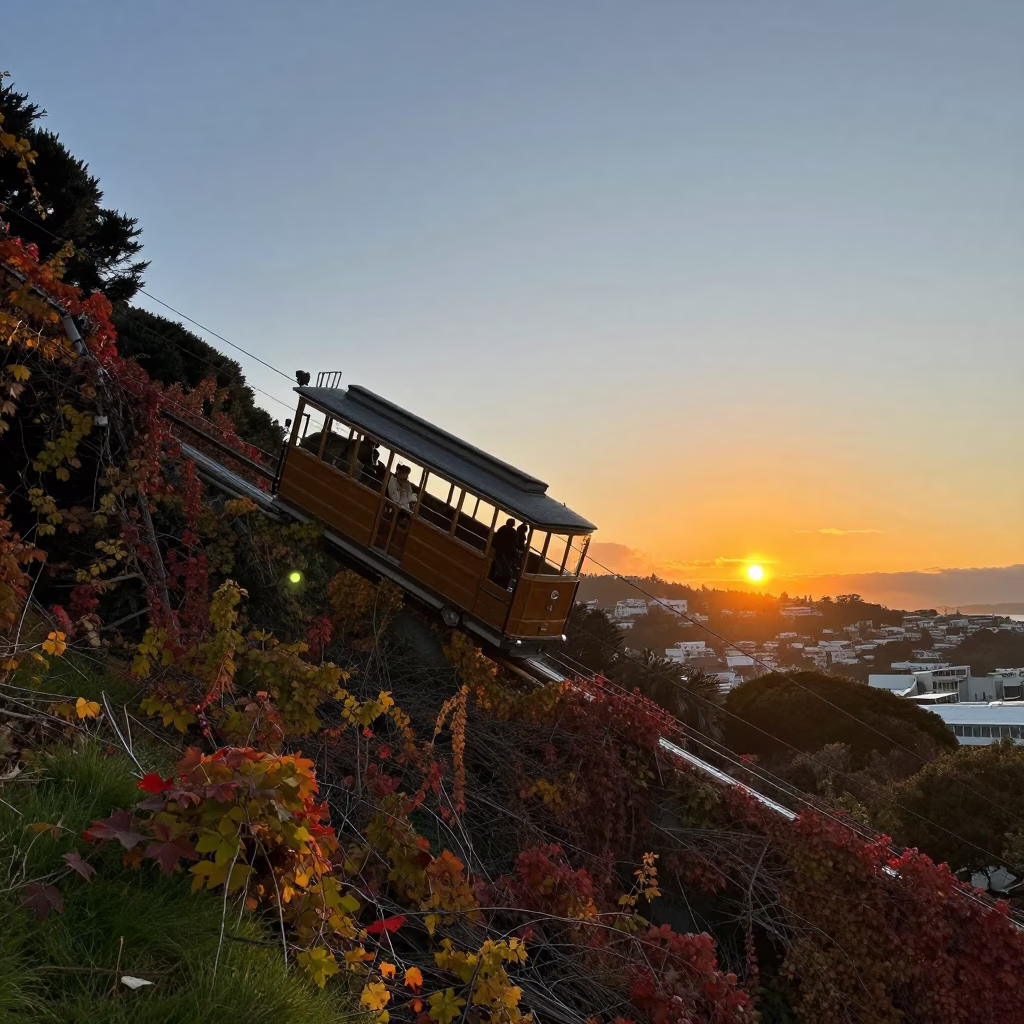 Cable Car Ascending Hill Covered in Autumn Vines Wellington New Zealand Sunset in in Wellington, New Zealand