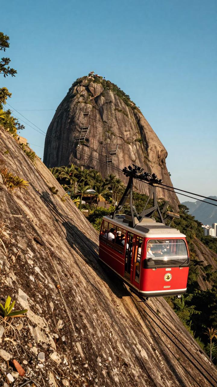 Cable Car Ascending Sugarloaf Mountain in Rio de Janeiro Late Afternoon Light in in Rio de Janeiro, Brazil