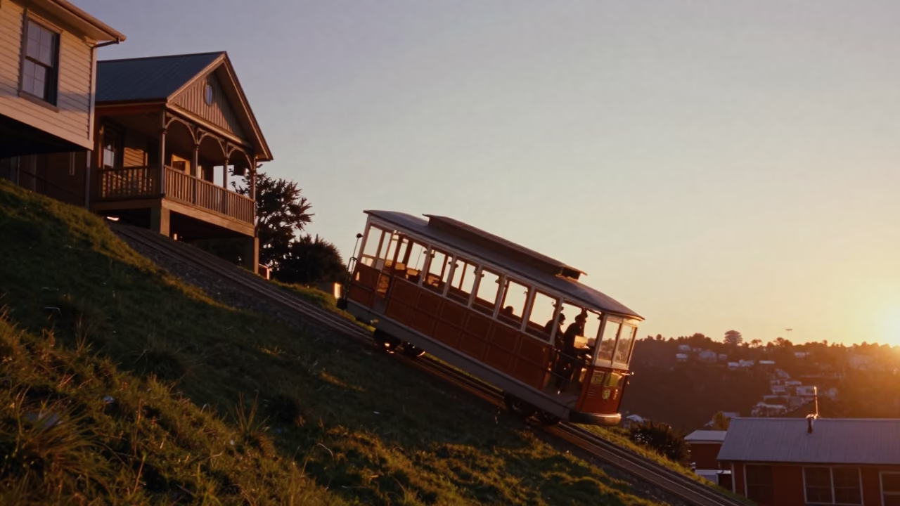Cable Car Climbing Steep Hill in Wellington New Zealand at Sunset in in Wellington, New Zealand