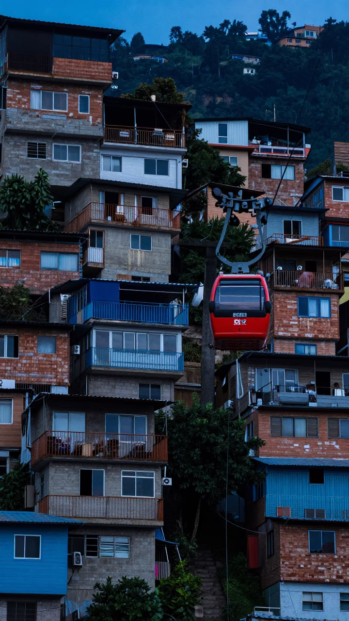 Cable Car Climbing Steep Hillside Favela at Blue Hour in Medellin Colombia in in Medellin, Colombia