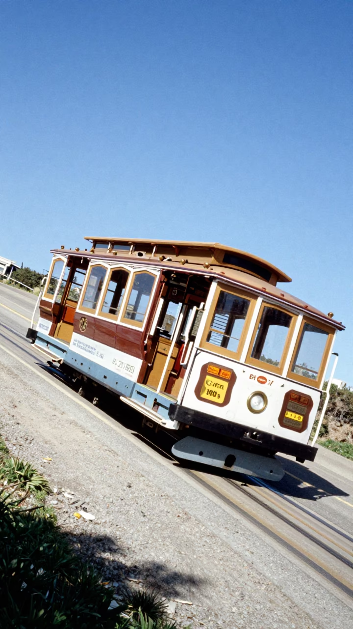 Cable Car Climbing Steep San Francisco Hill in Bright Midmorning Light in in San Francisco, California, United States