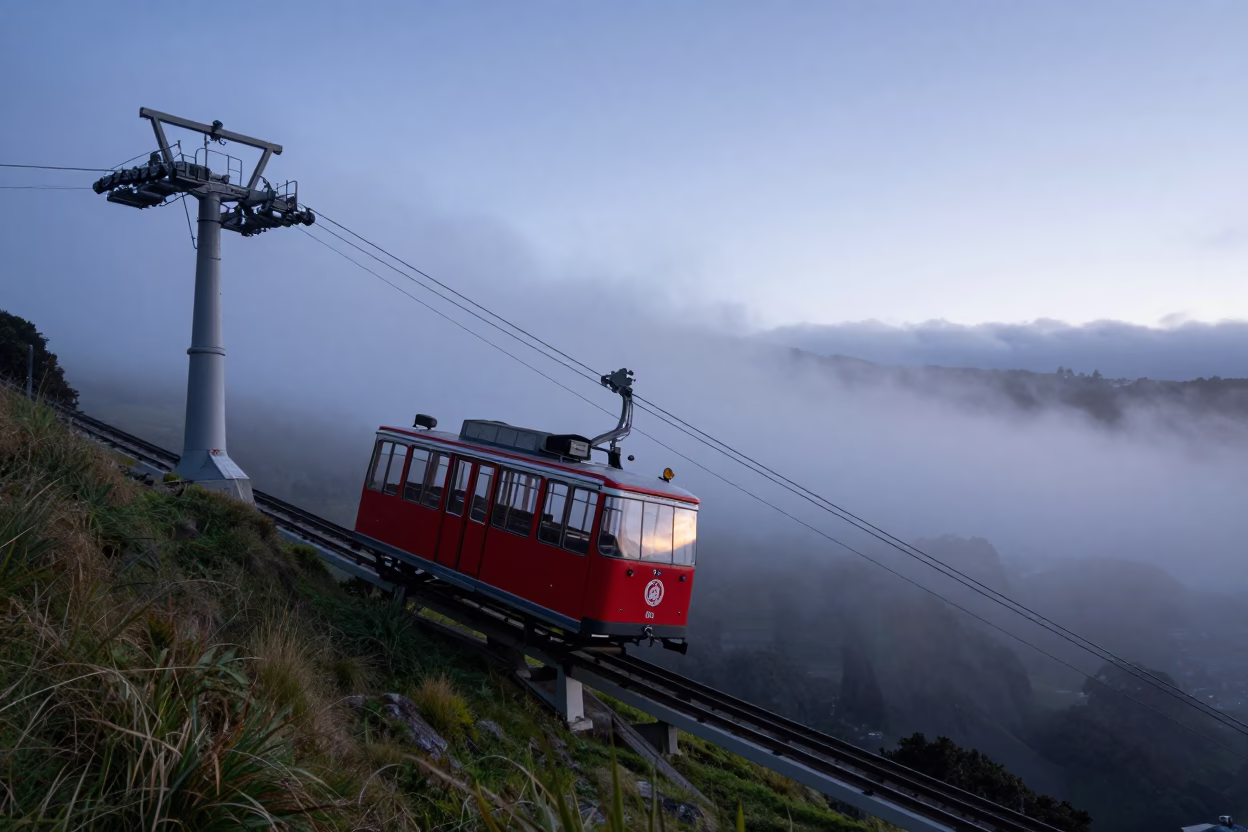 Cable Car Climbing Wellington Hill at Nautical Dawn with Morning Mist in in Wellington, New Zealand