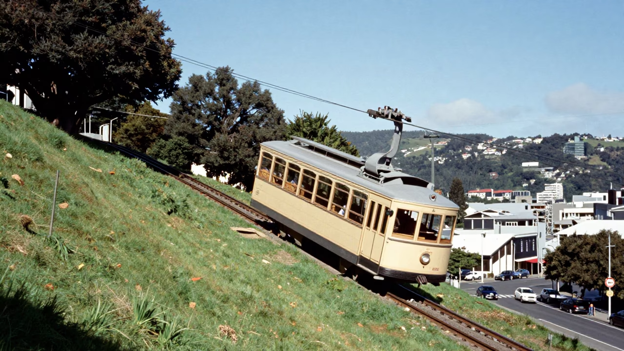 Cable Car Climbing Wellington Hill with Street Life and Mango Stall in Bright Morning in in Wellington, New Zealand
