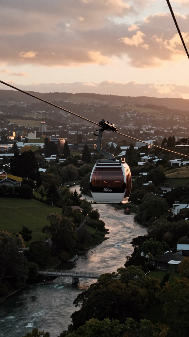Cable Car Crossing Avon River Valley in Christchurch New Zealand Copper Light Before Dusk in in Christchurch, New Zealand