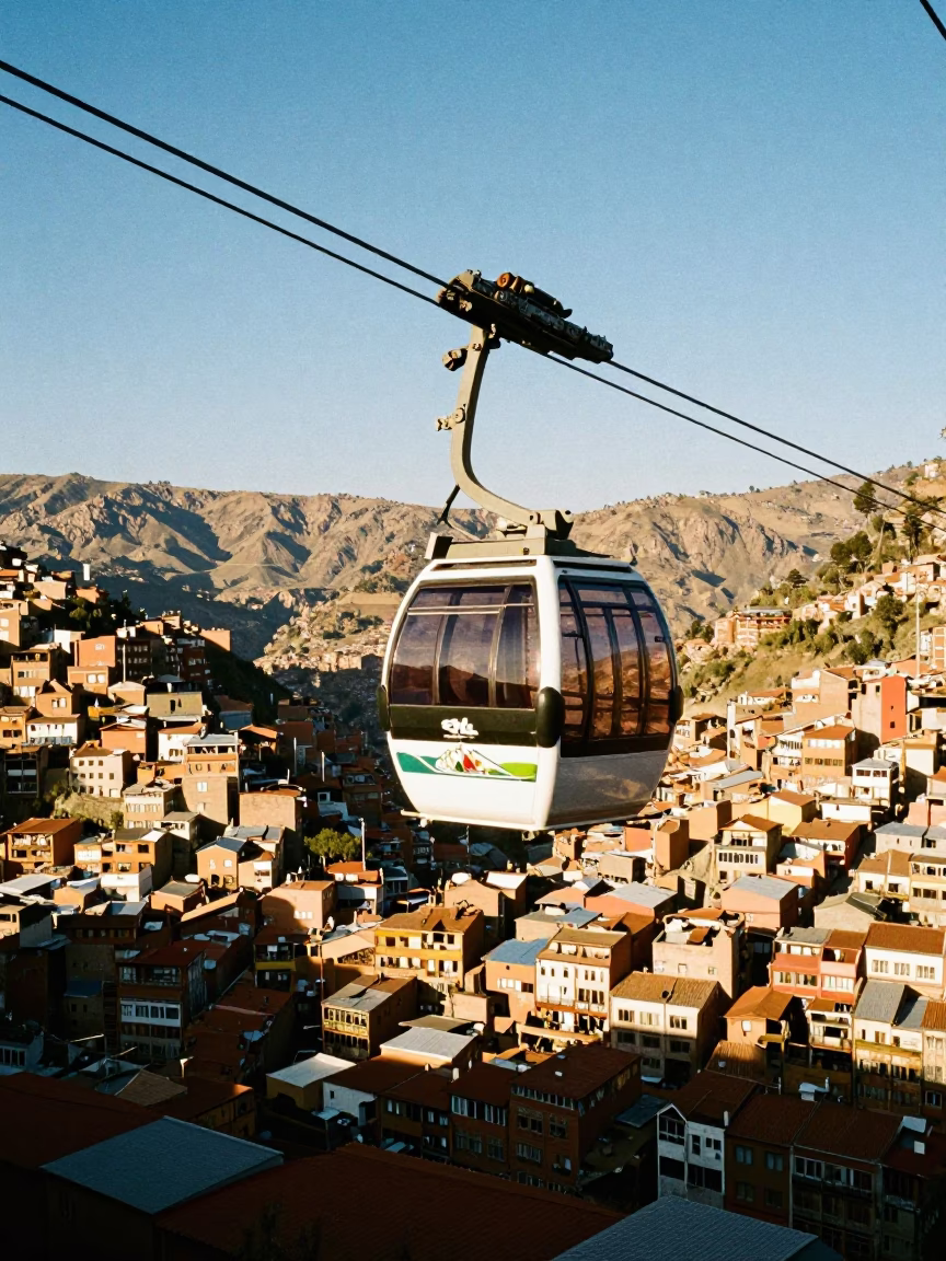 Cable Car Crossing Deep Valley in Late Afternoon Light La Paz Bolivia in in La Paz, Bolivia