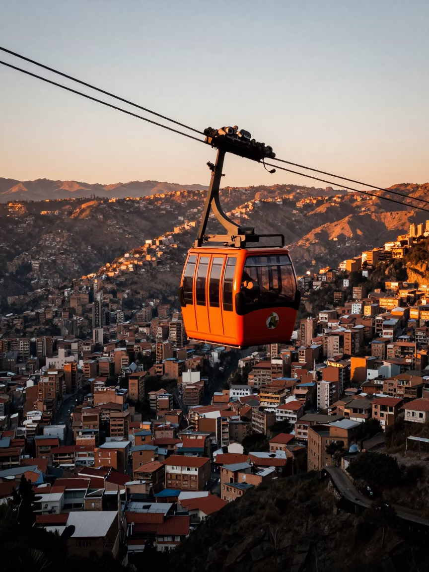 Cable Car Crossing Gorge at Sunset in La Paz Bolivia Evening Light in in La Paz, Bolivia