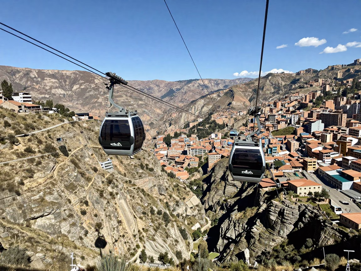 Cable Car Crossing La Paz Bolivia Midday Valley View in in La Paz, Bolivia