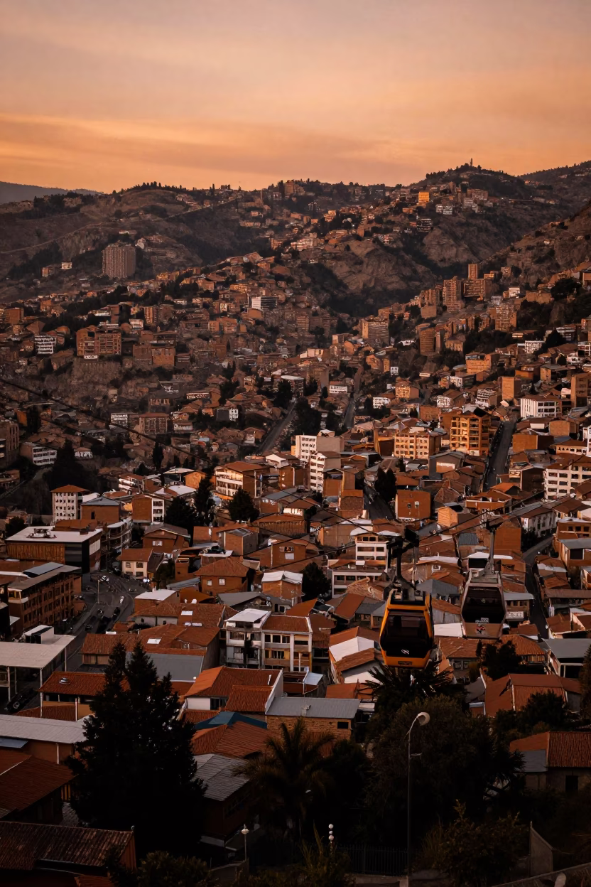 Cable Car Crossing La Paz Valley in Copper Toned Light Before Dusk in in La Paz, Bolivia