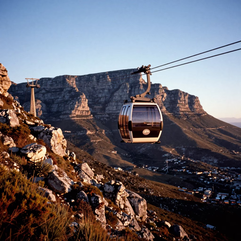 Cable Car Crossing Mountain Gorge at Sunset in Cape Town South Africa in in Cape Town, South Africa
