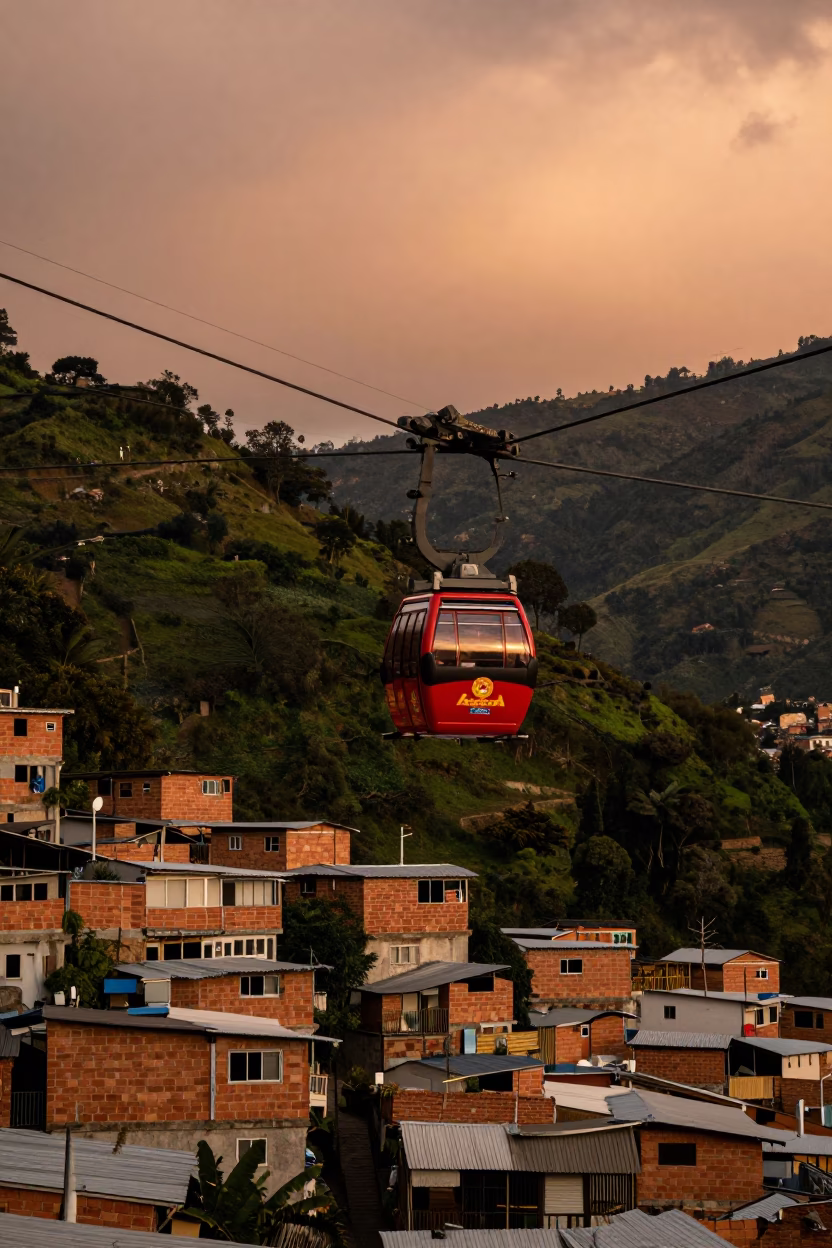 Cable Car Crossing Mountain Gorge at Sunset in Medellin Colombia in in Medellin, Colombia