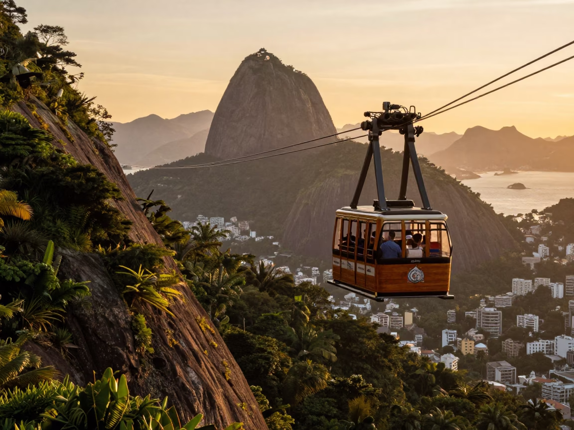 Cable Car Crossing Mountain Gorge at Sunset in Rio de Janeiro Brazil in in Rio de Janeiro, Brazil