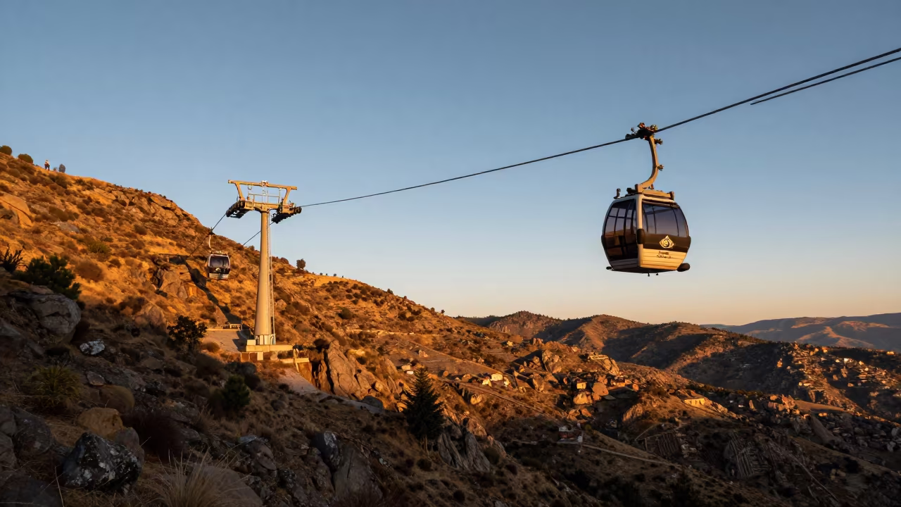 Cable Car Crossing Mountain Gorge at Sunset in near Zona Sur, La Paz