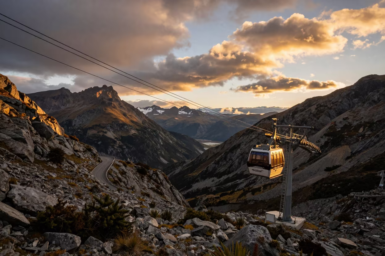 Golden Cable Car Crossing Patagonian Gorge at Sunset in along a switchback approach in Patagonia