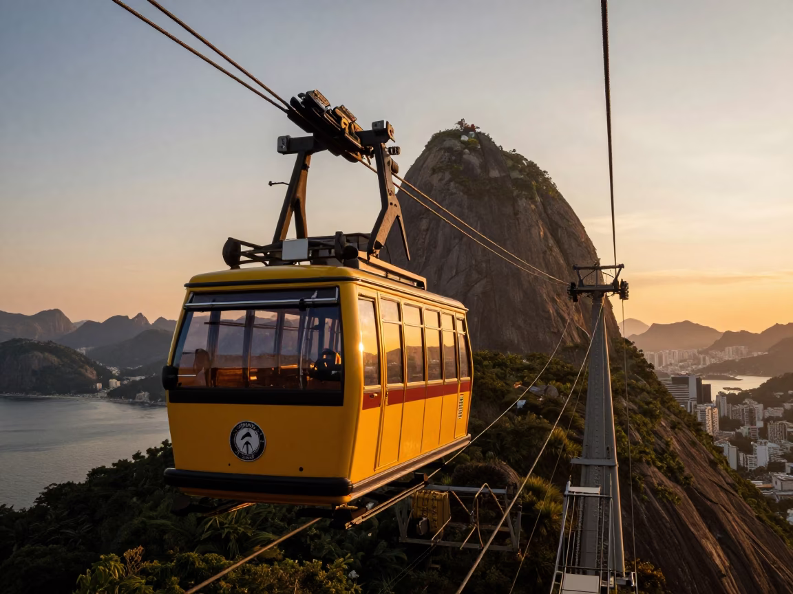 Cable Car Crossing Sugarloaf Mountain at Sunset in Rio de Janeiro Brazil in in Rio de Janeiro, Brazil