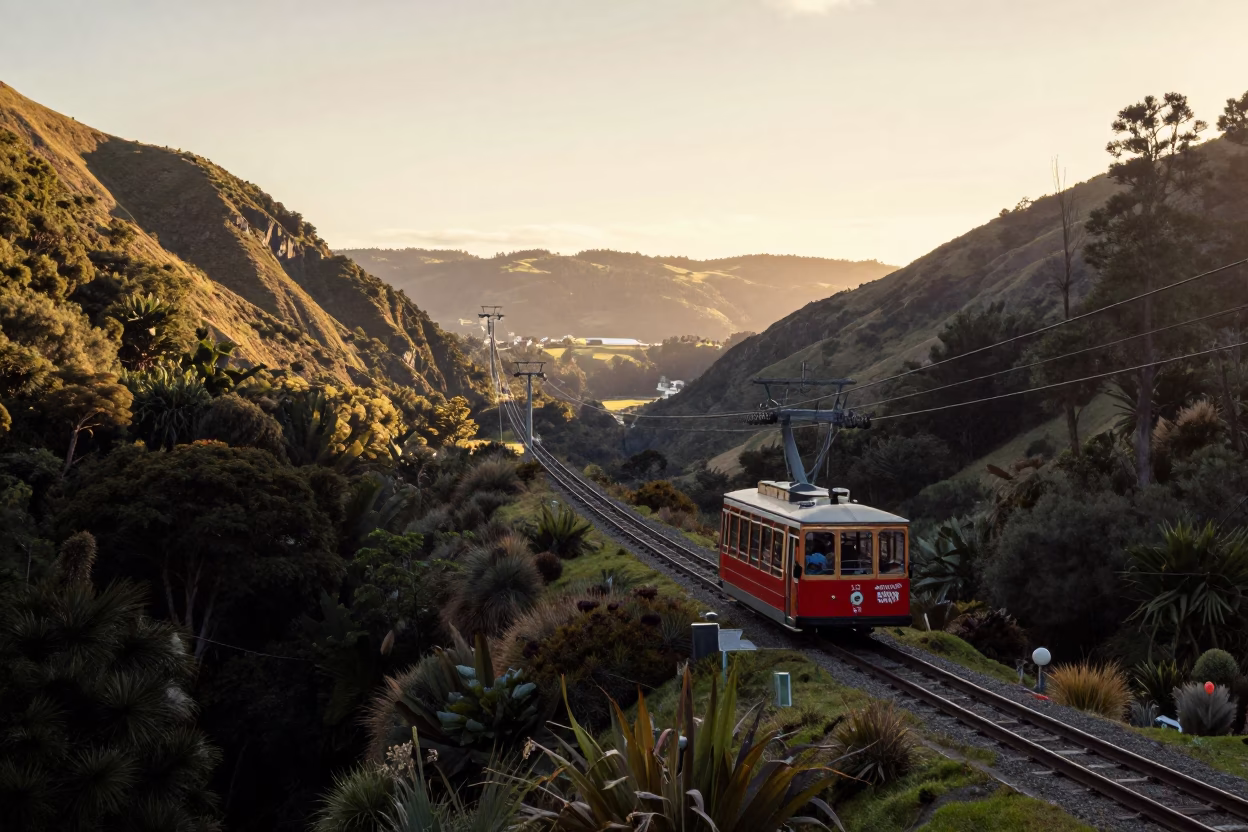 Cable Car Crossing Valley at Sunrise in Wellington New Zealand 1980s Realistic Photography in in Wellington, New Zealand