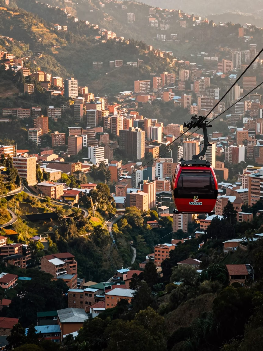 Cable Car Crossing Valley in Medellin Colombia at First Light in in Medellin, Colombia