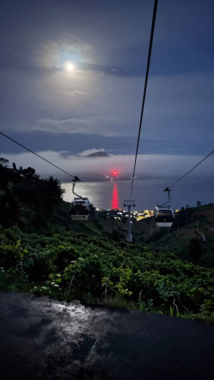 Cable Car Descending Fogbound Harbor Night in beside a fogbound harbor mouth in Ecuador
