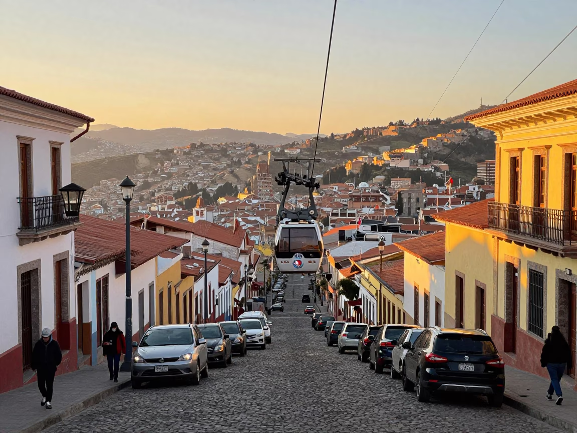 Cable Car Descending Over La Paz Bolivia Golden Hour Street Scene in in La Paz, Bolivia