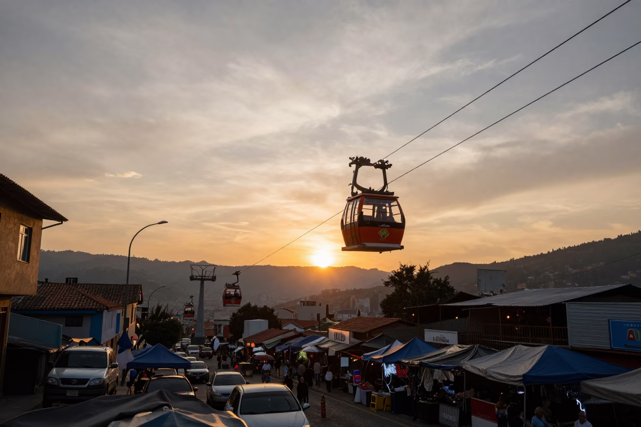 Cable Car Descending Over Medellin Colombia Sunset Street Market with Ceramic Bowl in in Medellin, Colombia