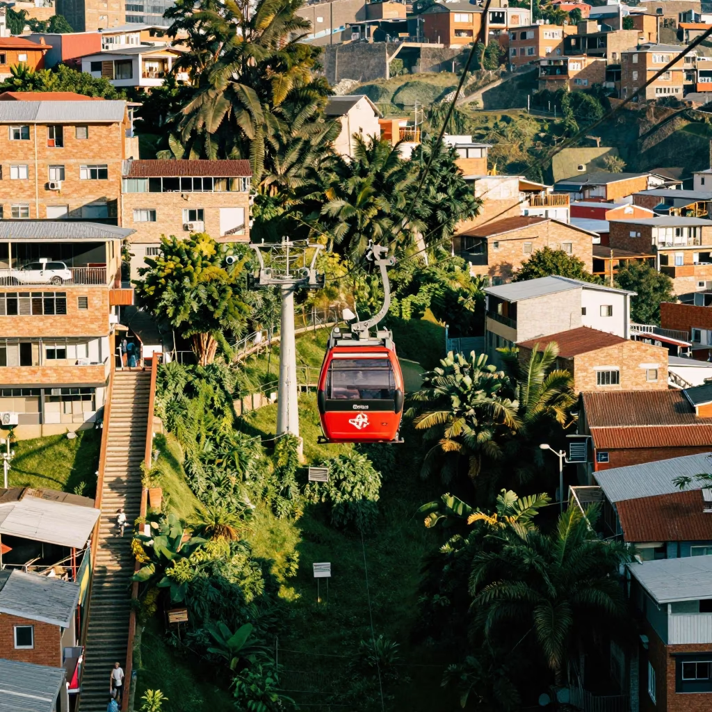 Cable Car Descending Over Medellin Neighborhoods with School Staircase and Vintage Plate in in Medellin, Colombia