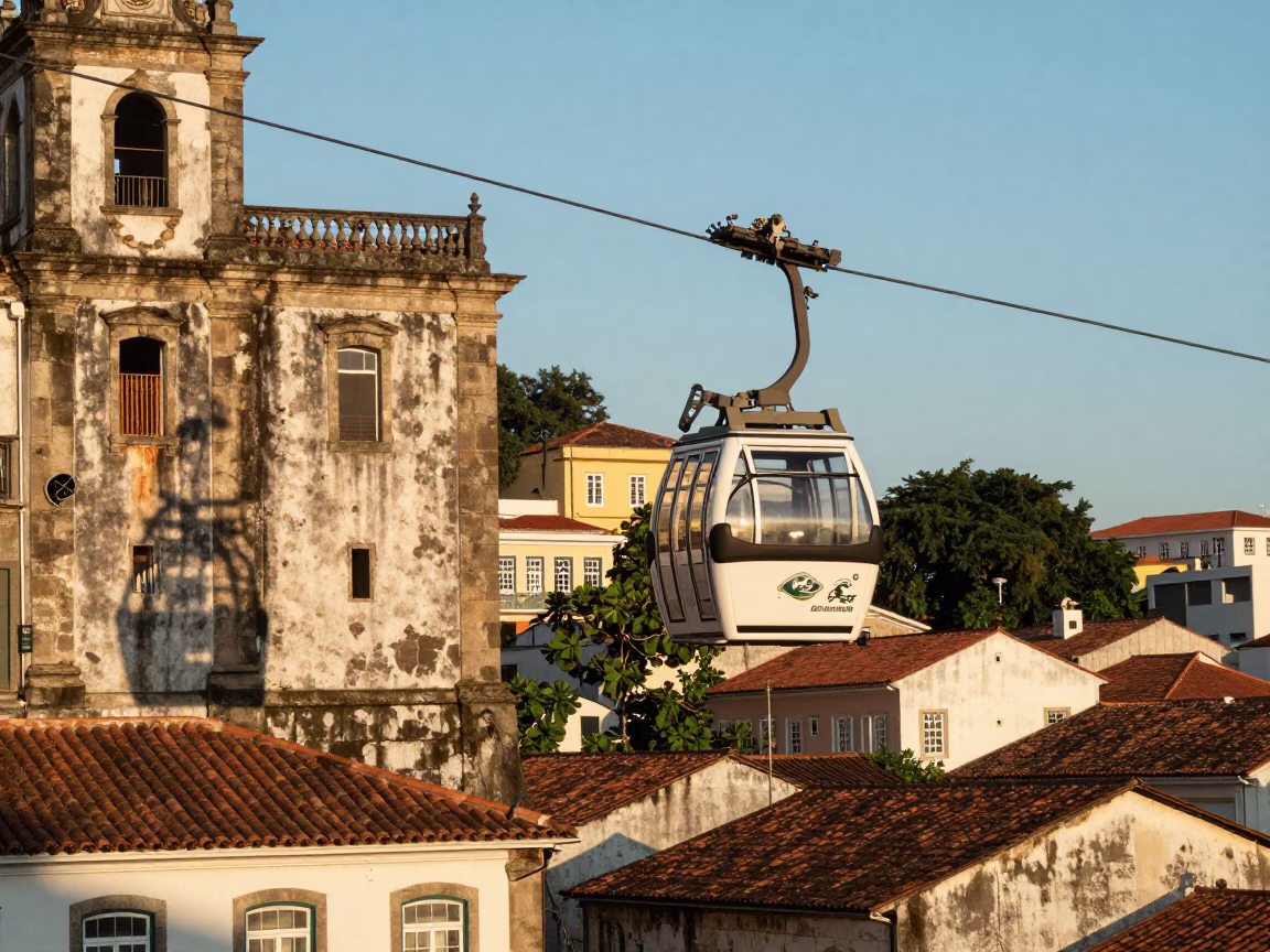 Cable Car Descending Over Salvador Brazil Limestone Buildings in Late Afternoon Light in in Salvador, Brazil