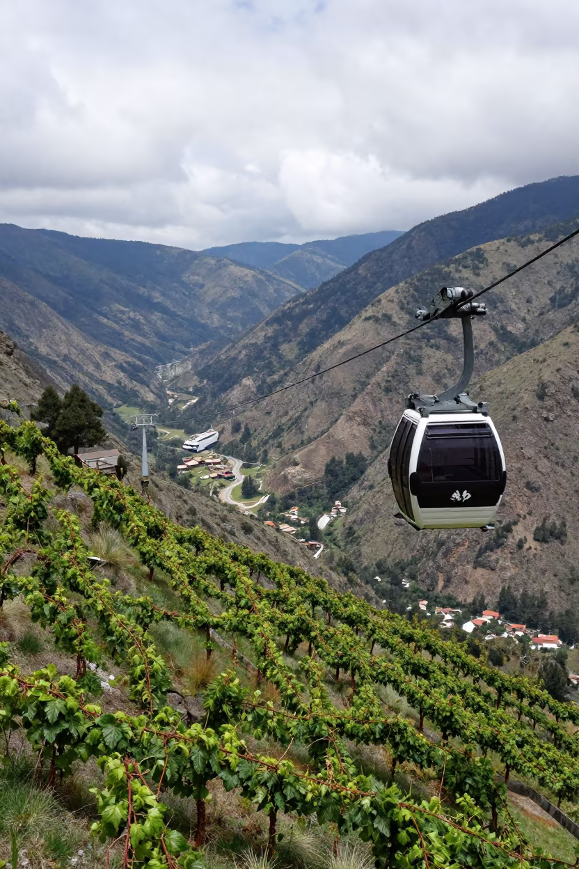 Cable Car Descending Vine Valley Near La Paz in across a remote ferry crossing near La Paz