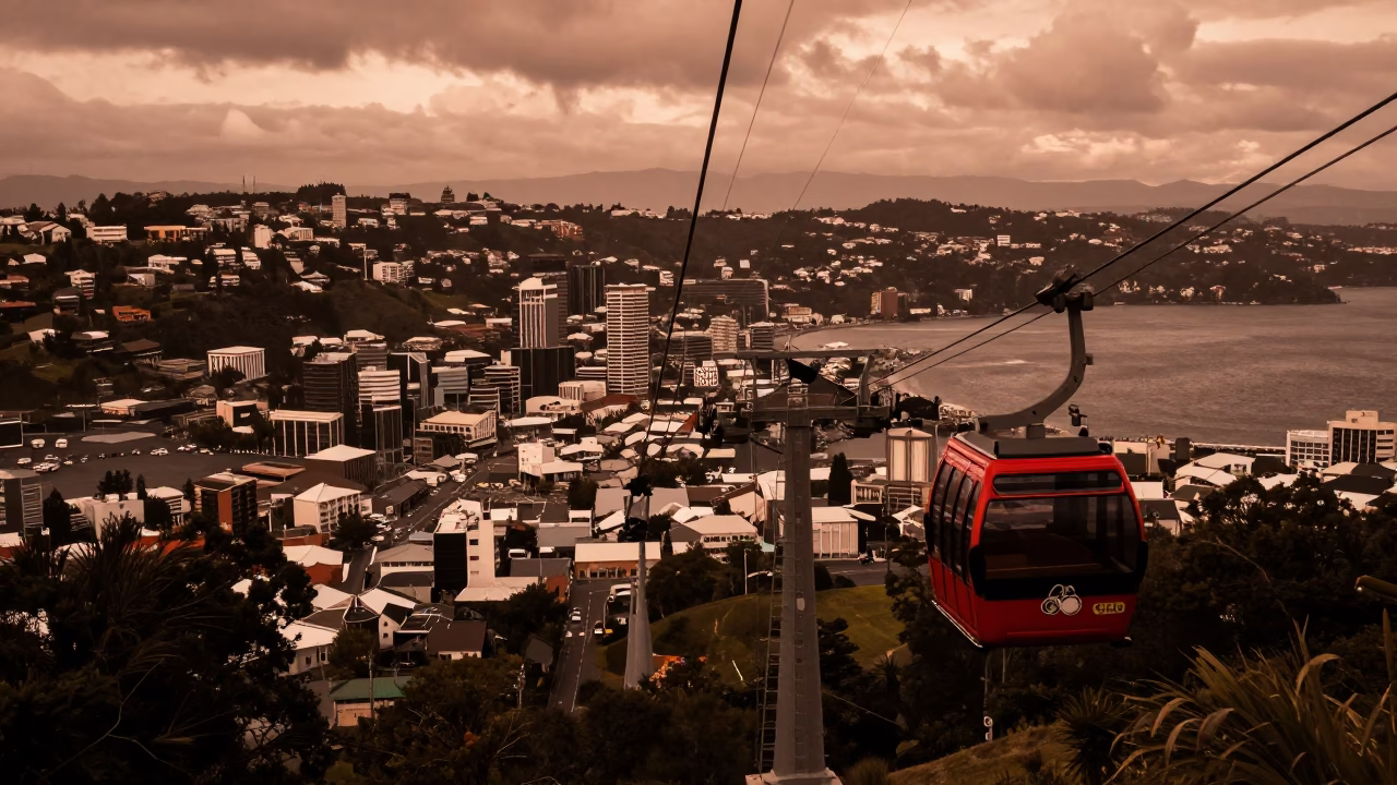 Cable Car Descending Wellington Valley in Copper Toned Light Before Dusk in in Wellington, New Zealand