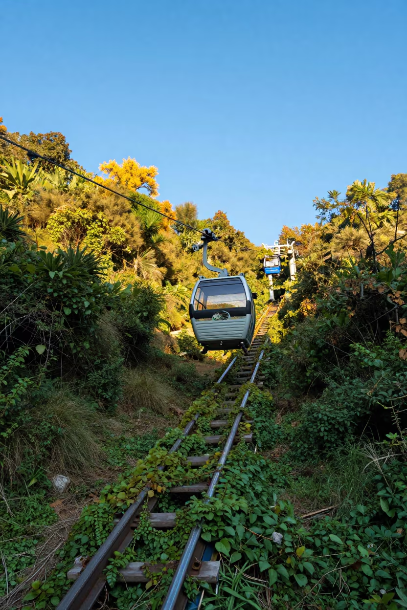 Cable Car Descending Yunnan Vine Valley in along a switchback approach in Yunnan