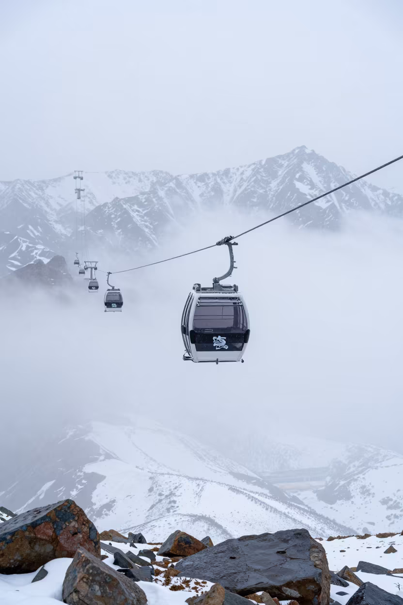 Cable Car Emerges From Clouds In Tajikistan in in Tajikistan