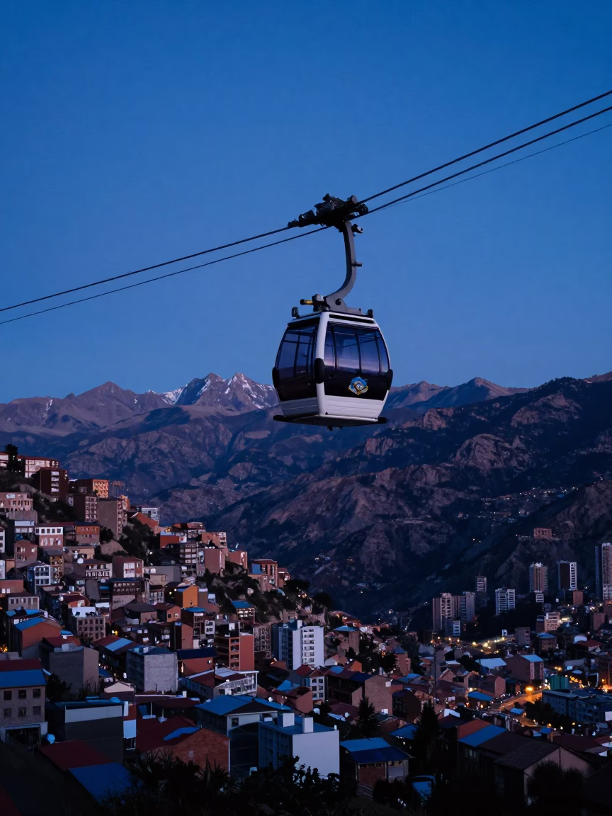 Cable Car Gliding Over La Paz Bolivia During Indigo Twilight Urban Landscape in in La Paz, Bolivia