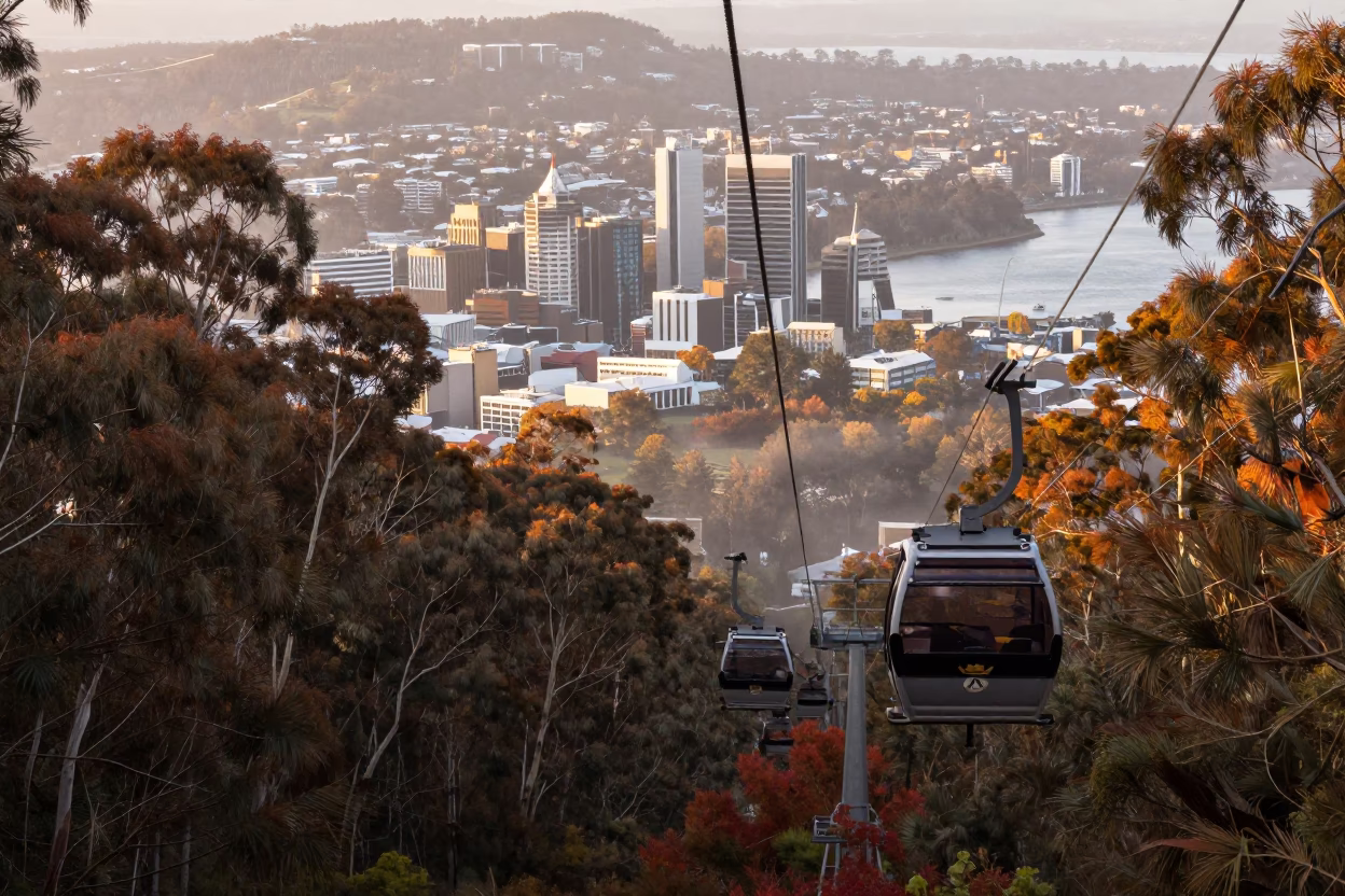 Cable car gondola ascending Mount Wellington through Hobart autumn mist late afternoon in in Hobart, Tasmania, Australia