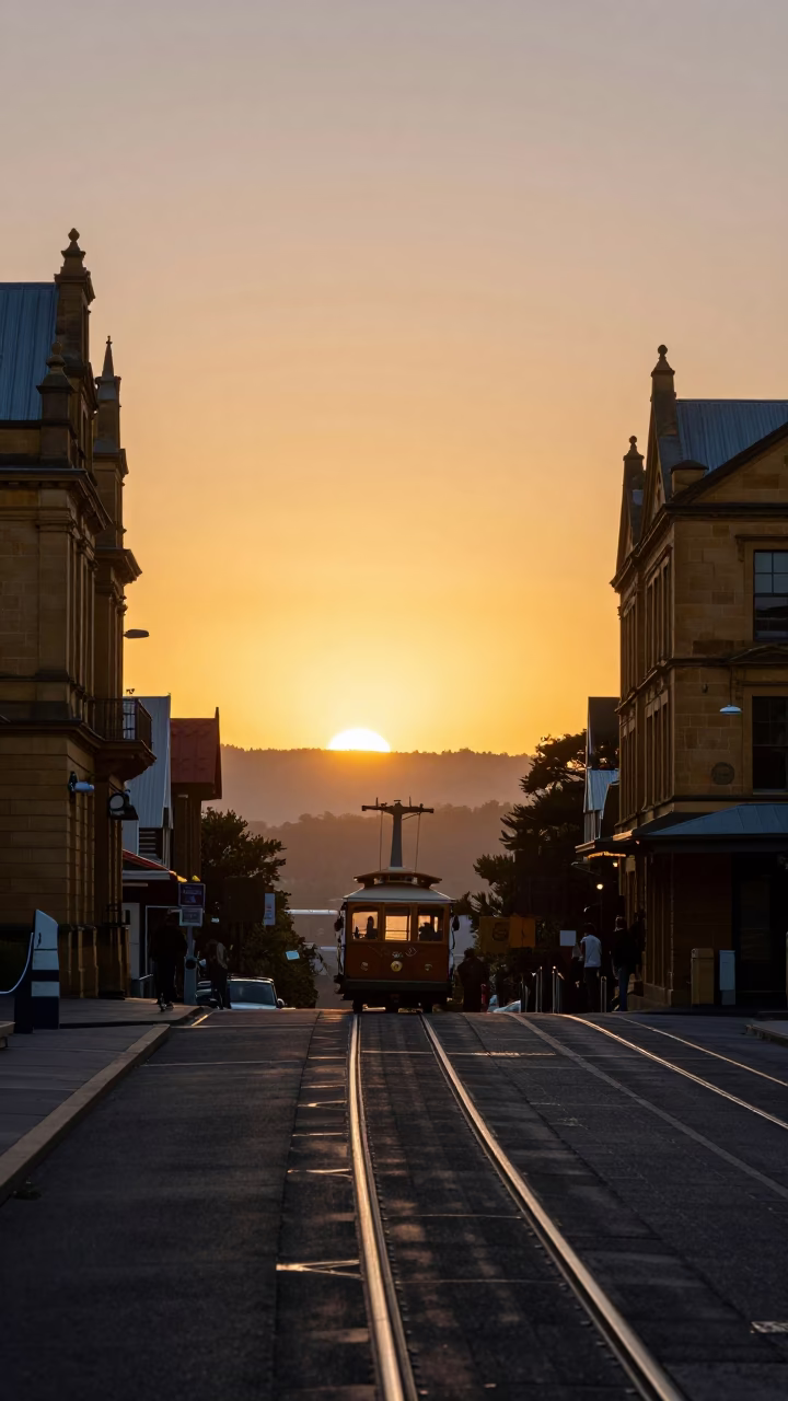 Cable Car in Hobart at As The Sun Drops Toward The Horizon in in Hobart, Tasmania, Australia