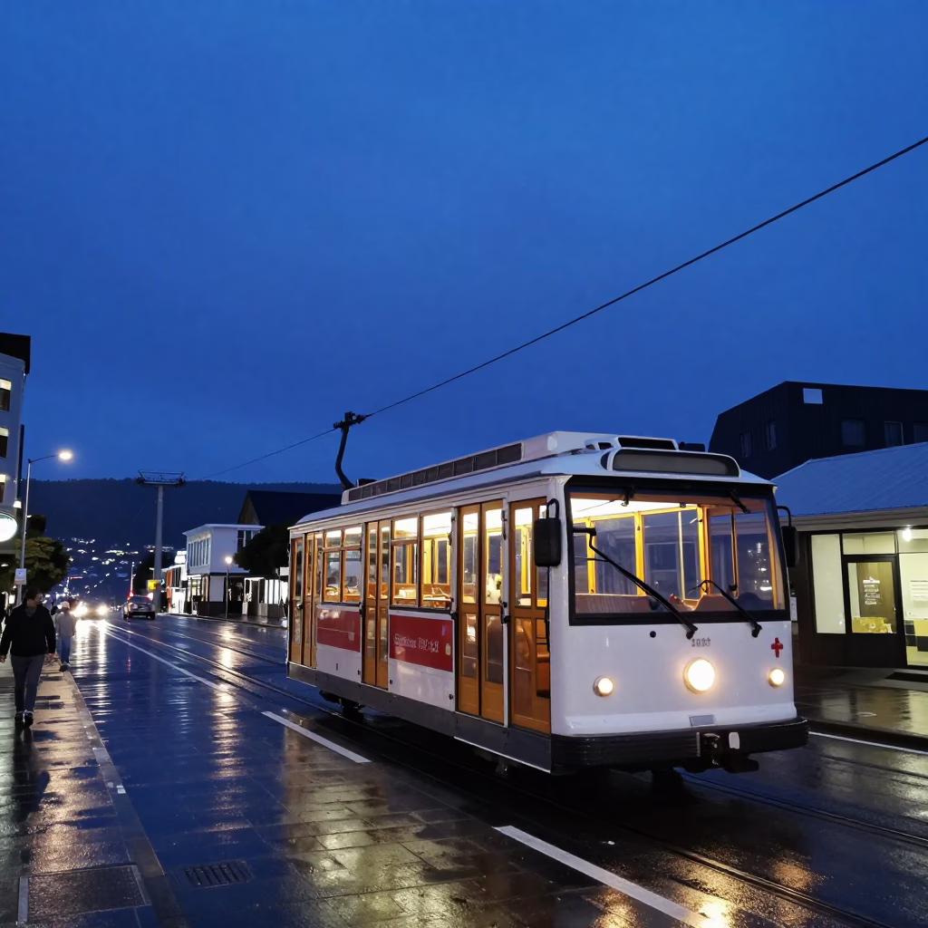 Cable Car in Indigo Twilight Wellington New Zealand Street Scene in in Wellington, New Zealand