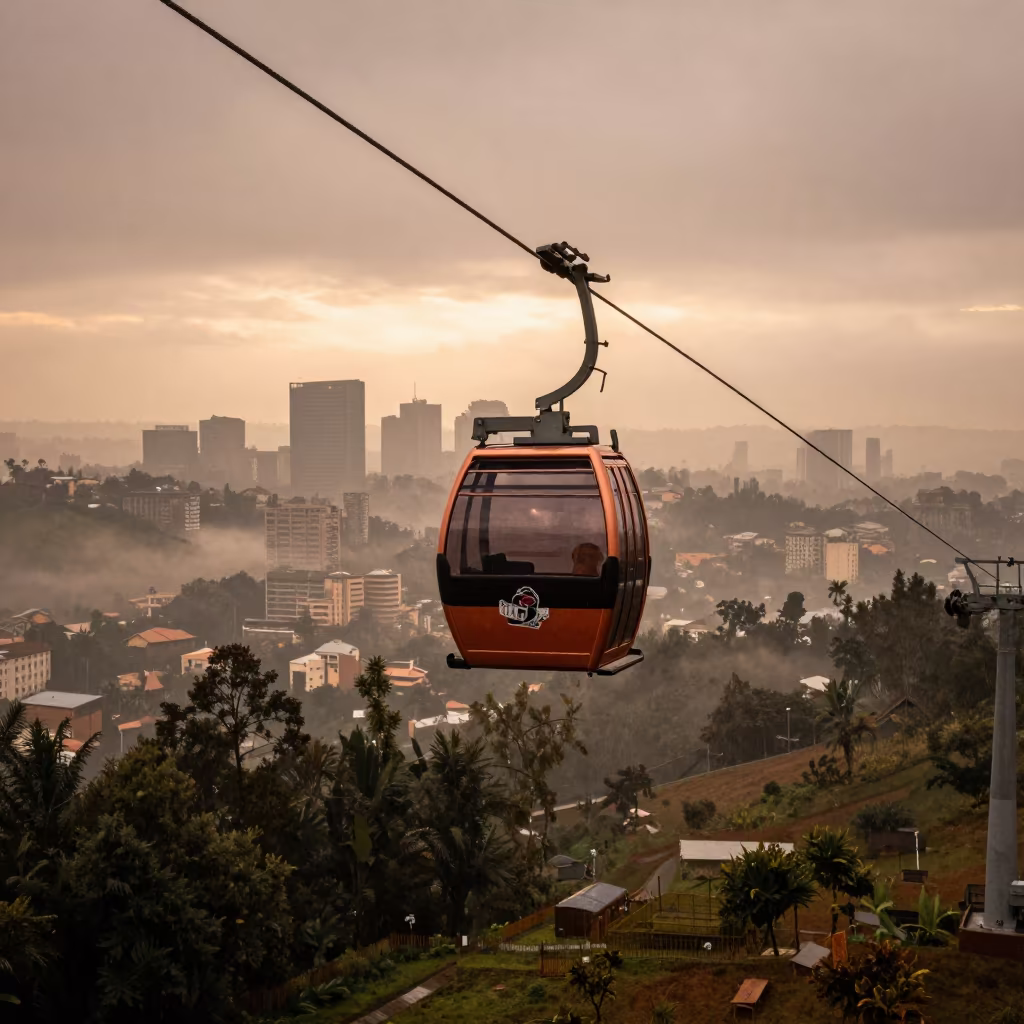 Cable Car Over Burundi City Before Dusk in in Burundi