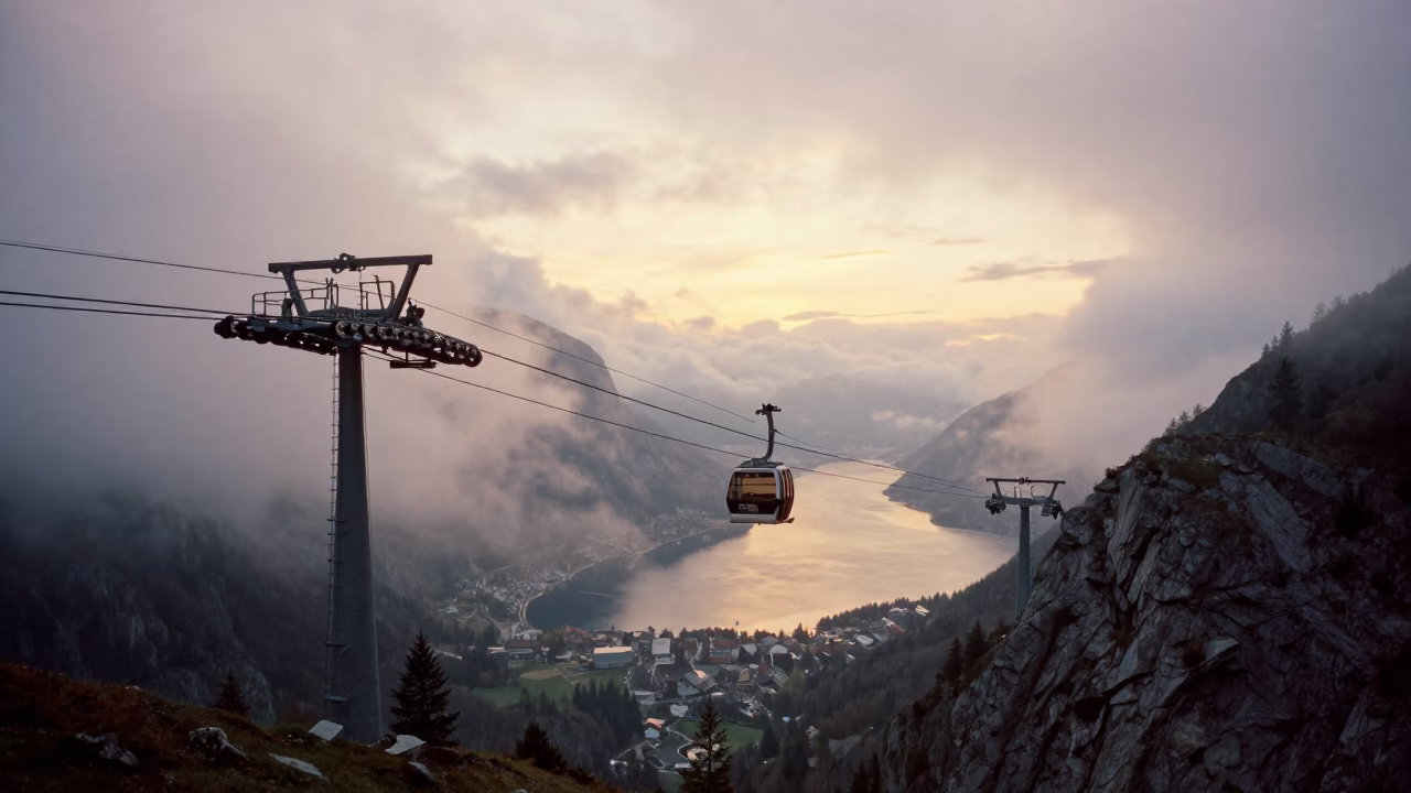 Cable Car Over Foggy Tyrol Harbor at Sunset in beside a fogbound harbor mouth in Tyrol