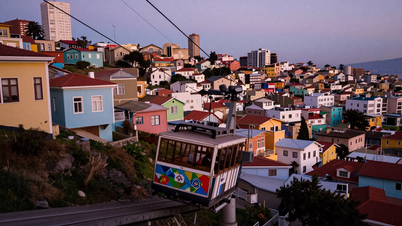 Cable Car Over Valparaiso Chile Early Evening Cityscape in in Valparaiso, Chile