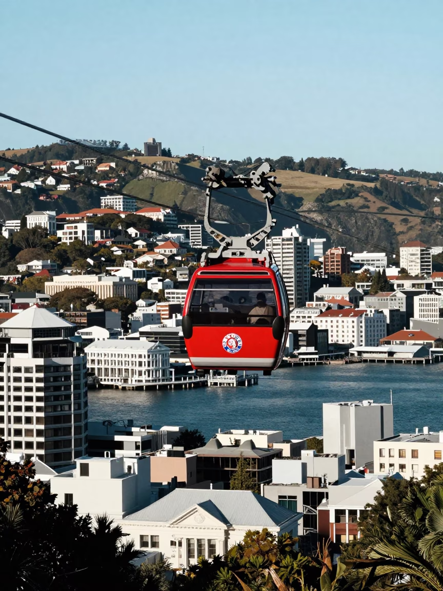 Cable Car Over Wellington New Zealand City Harbor Bright Midmorning Light in in Wellington, New Zealand