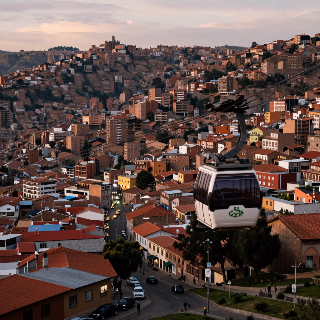 Cable Car Passing Over La Paz Bolivia Early Evening Street Scene in in La Paz, Bolivia