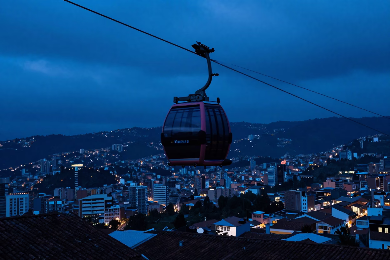 Cable Car Silhouette Over Quito Rooftops in Evening Blue Light in in Quito, Ecuador