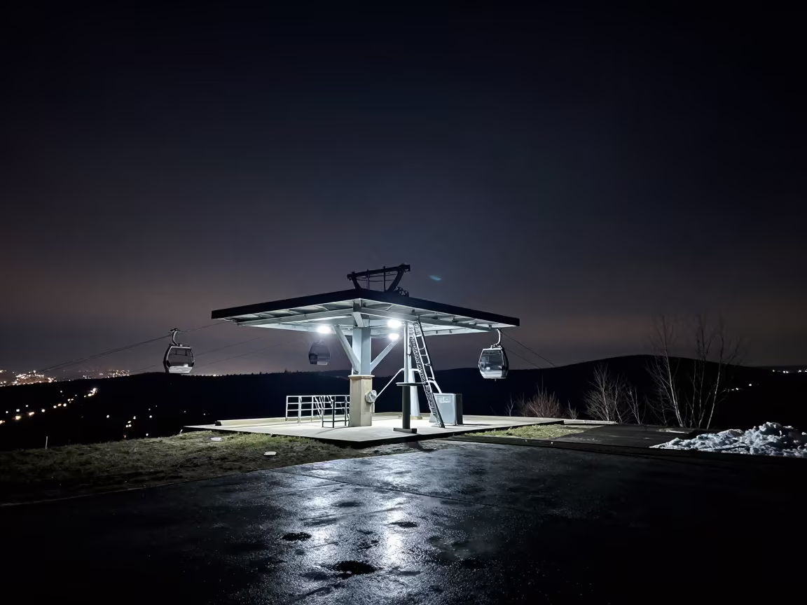 Cable Car Station Night Silvery Light Winter Spring in near Kharkiv