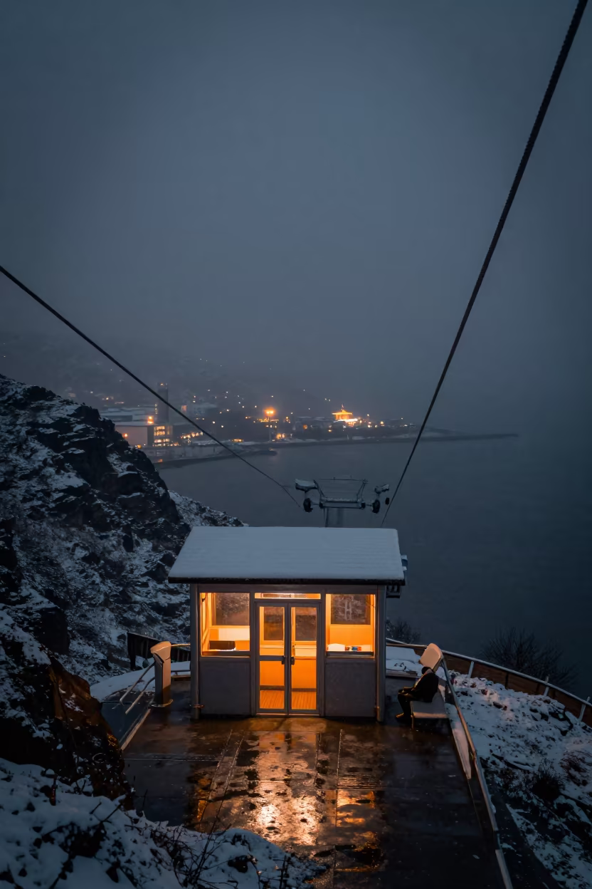 Cable Car Station Winter Night Monsoon Fog in beside a fogbound harbor mouth near El Mahalla El Kubra