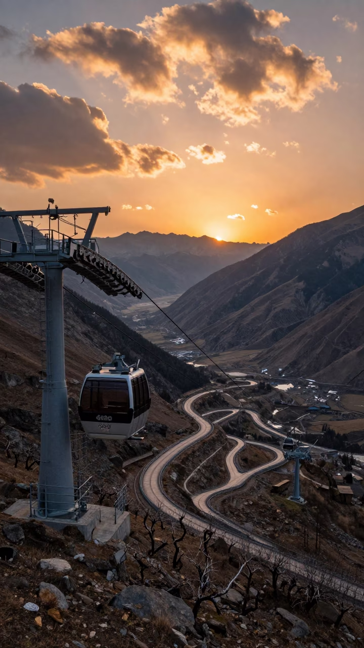 Cable Car Sunset Valley Georgia Vine in along a switchback approach in Georgia